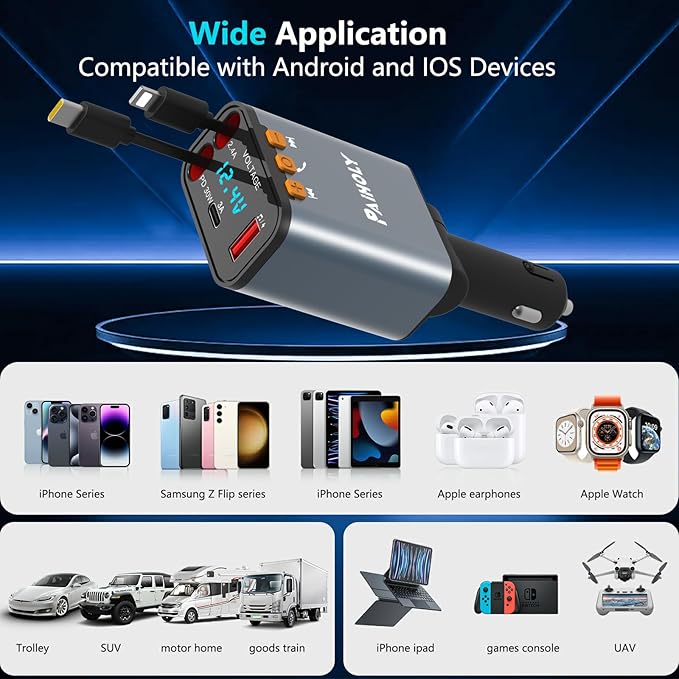 Bluetooth 5.3 Car Adapter, FM Transmitter Bluetooth Car Charger, 4 in 1 Retractable Car Charger, Phone USB C PD Fast Charging Adapter for RV SUV Truck, Fit iPhone 17/16/15/14 (Type C & Lightning)