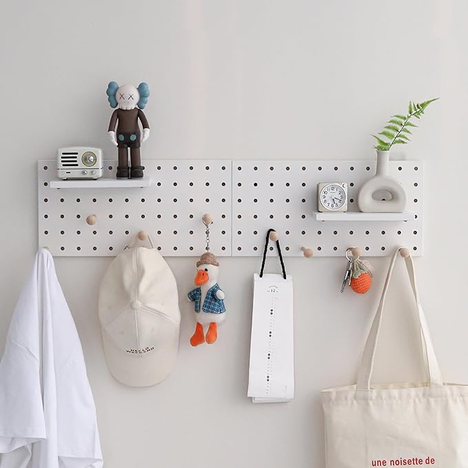 Wooden Pegboard Accessories Set: Modular Wall Hooks & Shelf for Garage, Office & Home Organization(White Colored Finish-B)