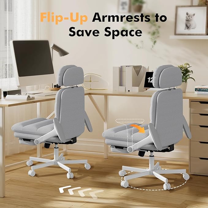 GXJ Criss Cross Chair with Wheels & Flip-up Arms, Executive Office Chair with Foot Rest, Swivel Cross Legged Office Chair with Lumbar Pillow, Corduroy Comfy Computer Desk Chair for Home, Grey