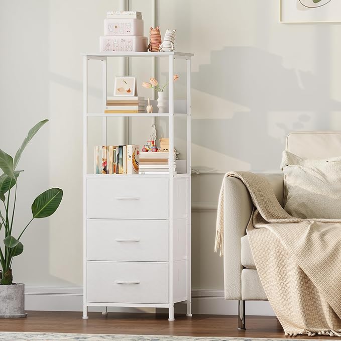 Somdot 5 Tier Bookshelf with Drawer, Tall Bookcase with Shelves, Bookshelf Desktop Organizer, Display Standing Shelf Units for Living Room, Bedroom, Study Room,White Leather