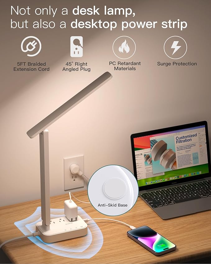 Addtam LED Desk Lamp, Power Strip with 3 Outlets 4 USB Charging Ports(2 USBC), 4 Modes 5 Level Brightness Touch Lamp, Small Desk Lamp for Home Office College Dorm Room Essentials, White