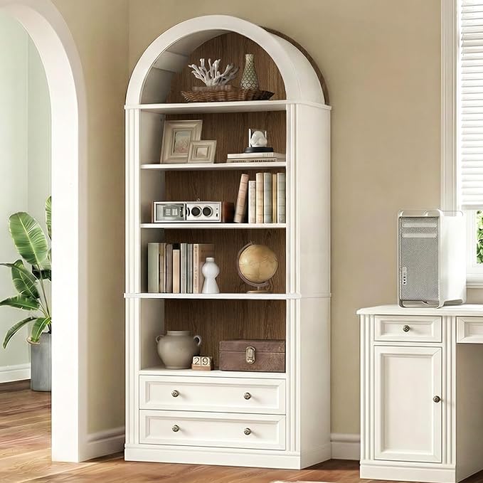 RALGEND Farmhouse Arched Bookshelf, 7 Tiers Arch Bookcase with 2 Spacious Drawers, Modern Book Shelf with Open Display Shelves and Storage Cabinet, for Office, Living Room, Kitchen, Walnut and White