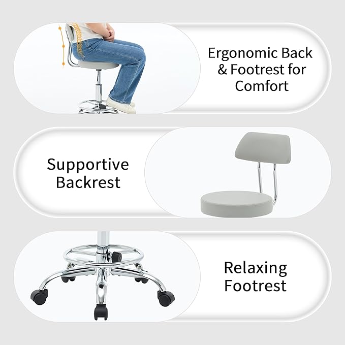 FIRAVOE Drafting Stool (Height Adjustable Office Chair with Footrest 19.5"-26.6")(Drum Stool with Back) Space Saving Tattoo Chair (Gray)