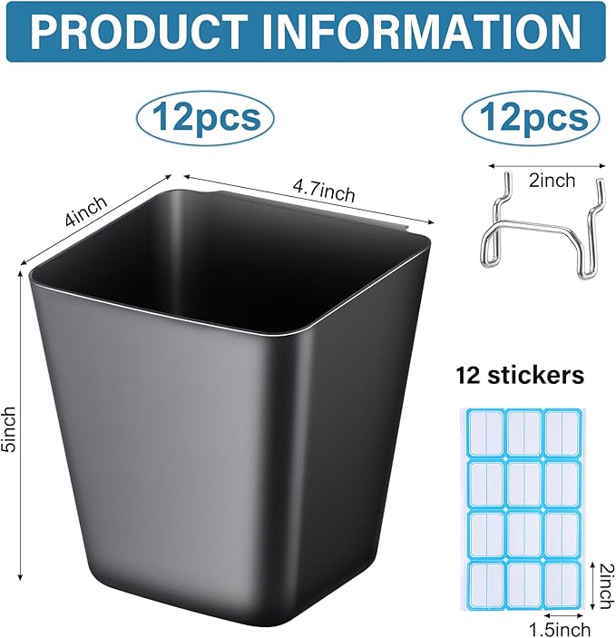 Namalu 12 Pack Peg Board Storage Bins with Labels and Hooks Square Box Shape Pegboard Cup Holder Accessories Pegboard Organizer for Craft Room Wall holder Workbench(4.7 x 4 x 5 Inch, Black)