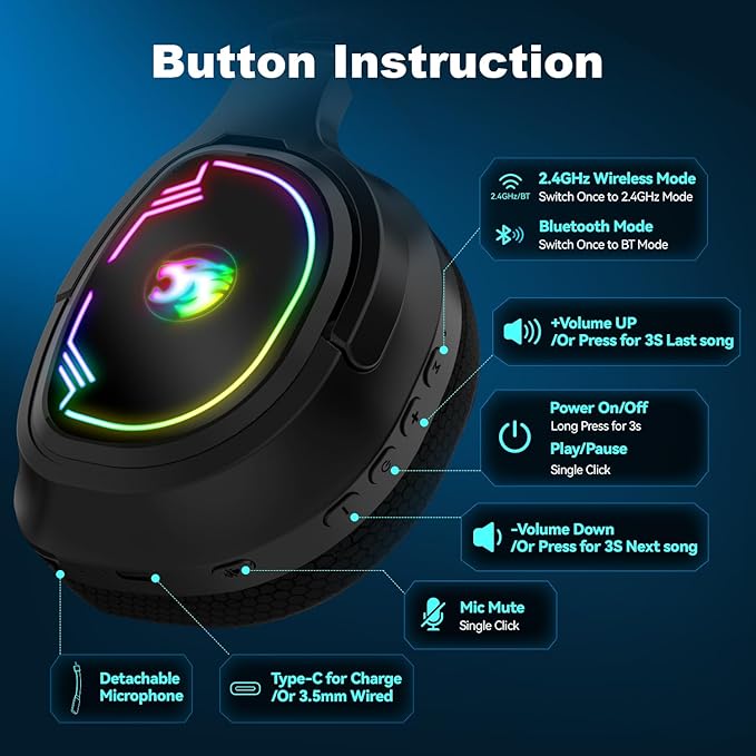 IMYB W82 2.4Ghz Wireless Gaming Headset for Nintendo Switch丨OLED丨Lite, Bluetooth 5.4 Gaming Headphones with Noise Cancelling Microphone, 40Hr Battery, USB & Type-C Connector for PS5, PS4, PC, Laptop