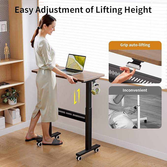 WALKINGDESK Mobile Walking Pad Desk with Wheels, Pneumatic Small Rolling Standing Desk Riser Height Adjustable (28-43.7") for Treadmill, Portable Computer Table for Home Office, Black Walnut