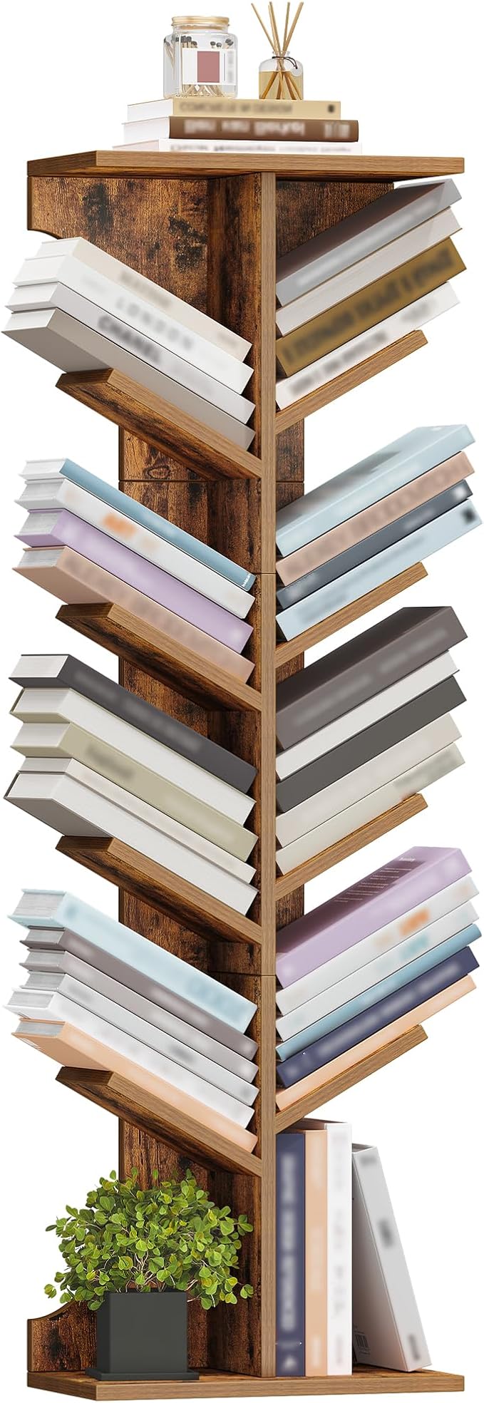 Hzuaneri Tree Bookshelf, 11 Tier Narrow Bookcase, Display Shelf, Book Organizer, Small Floor Standing Book Shelf for Bedroom, Living Room, Home Office, Rustic Brown BC01601X