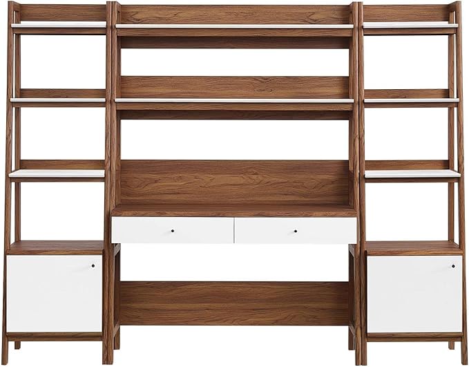 Modway 3-Piece Home Office Desk and Bookshelf Display Case in Walnut White