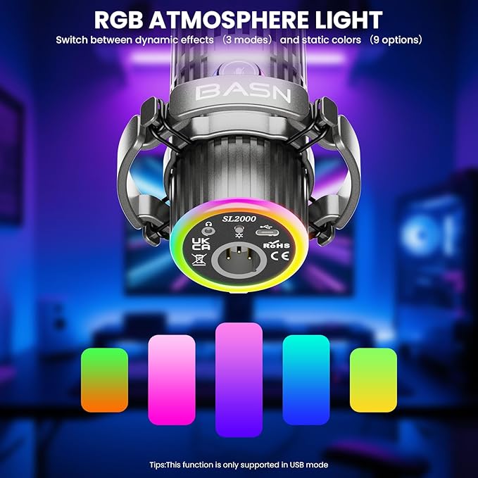 BASN USB/XLR Dynamic Microphone, Live Streaming, Gaming Recording with Three-in-One Mute Button,RGB Lighting and MIC Stand for PC (Gray) SL2000