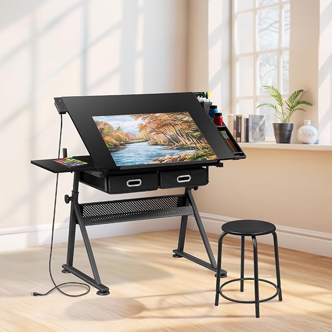 JupiterForce Drafting Table Art Desk w/Power Outlet and Stool, Adjustable Tilting Drawing Table Artist Desk with 2 Storage Drawers, Art Craft Work Station for Home Office Working, Writing, Crafting