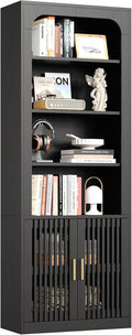 IRONCK Mid-Century Book Shelf, 6-Tier Floor Standing Bookcase with Grille Doors, Tall Storage Shelves for Display & Organizing, Suitable for Home Office, Living Room(Black)