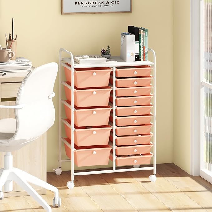 Moccha 15-Drawer Rolling Storage Cart - Under Desk Storage Drawers with wheels for Craft Art Supply Paper Salon, Scrapbook Paper Tools, Mobile Utility Cart for Classroom (15 Drawers, Peach)