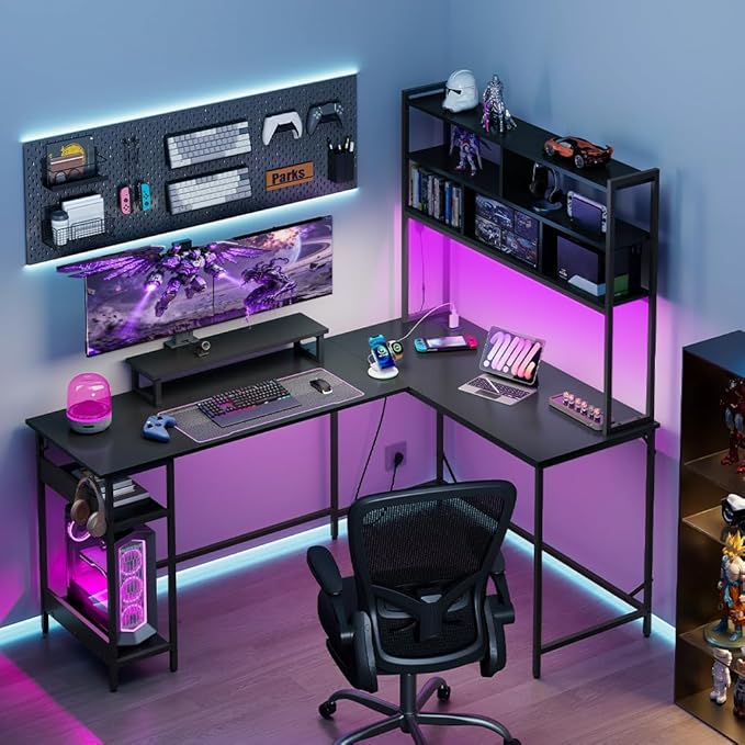 DEVAISE L Shaped Gaming Desk with Hutch, Reversible Computer Desk with LED Light, 3-Tier Shelves, 2 AC+2 USB Outlet and Monitor Stand, Corner Desk with Storage for Home Office (Black, 66 Inch)