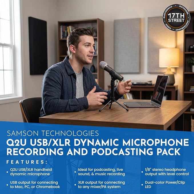 SAMSON Q2U USB/XLR Connectivity Dynamic Microphone with Accessories - PS04 Gooseneck Microphone Pop Filter, SR350 Over-Ear Stereo Headphone, Boom Arm Microphone Mic Stand & Cleaning Cloth - Bundle Kit