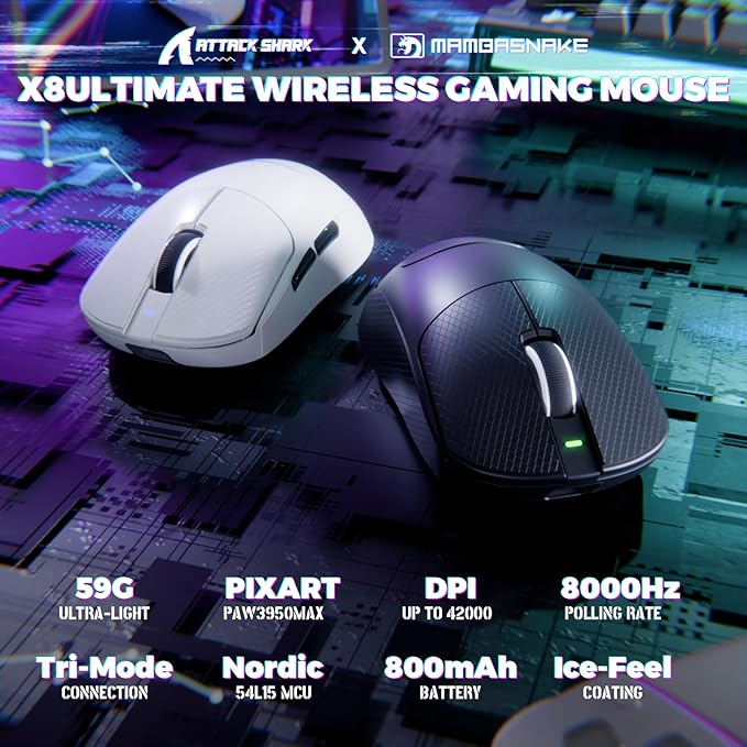 ATTACK SHARK X8 Ultimate Wireless Gaming Mouse,55g Ultra-Lightweight BT/2.4GHz Wireless/Wired Mouse,8K Polling Rate,PixArt PAW3950MAX Sensor,42000 DPI,Tape,800mAh Battery,Gamer Mice for PC/Mac(Black)