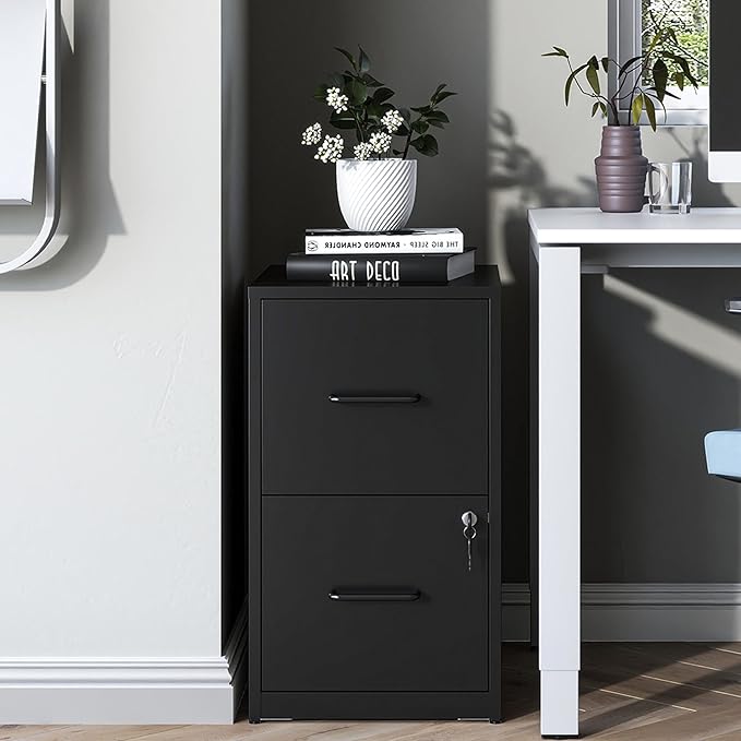2 Drawer File Cabinet with Lock, Vertical Filing Cabinets for Home Office, Metal Storage Cabinet, Heavy Duty File Cabinet for Under Desk, Amsseble Required, Black