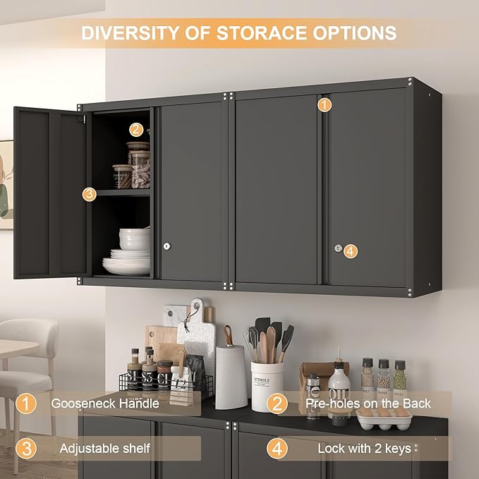 IRONFFICE Metal Storage Cabinet,Garage Wall Cabinets with Locking Doors,Black Metal Cabinet with Adjustable Shelf for Home Office,Utility Room