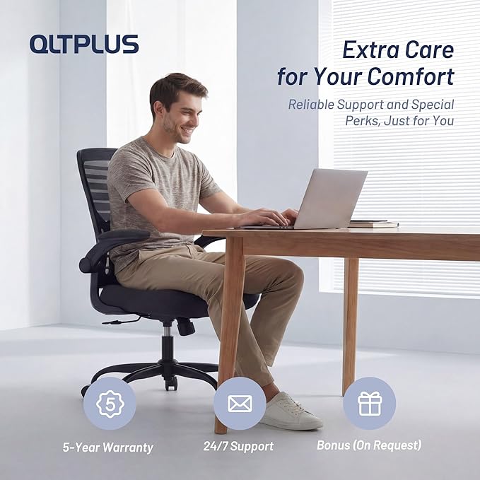 Office Desk Chair for Long Hours & Lower Back Pain Relief – 4“ Thick Molded Foam Cushion, Enhanced Lumbar Support, Padded Flip-up Armrests, Ideal for Office or Study, Black