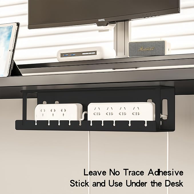 Under Desk Cable Management 16'' Tray Wires Organizer Power Strip Management No Drill Under Table Organizer for Cable Storage Holder (BLACK-50CM)