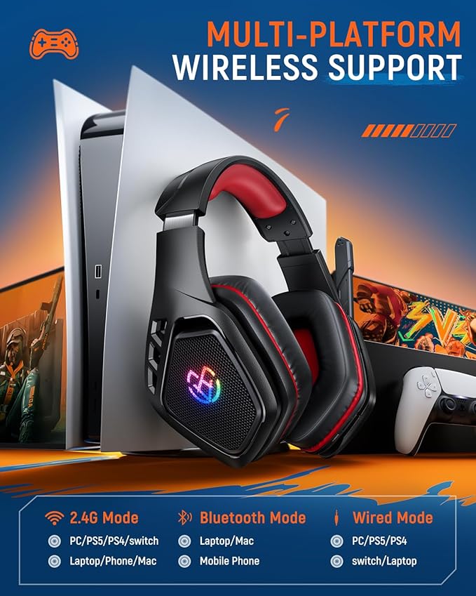 Tatybo Wireless Gaming Headset for PC, Ps5, Ps4, 2.4 Ghz USB & Type-C Gaming Headphones with Microphone, 30H Battery Bluetooth Headphones for Switch, Laptop, Mobile, Mac (Black Red)