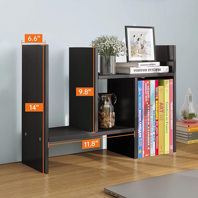 YSJILIDE Wood Adjustable Small Desktop Bookshelf, Expandable Storage Rack, Display Shelf, Office Supplies Organizer (Black)