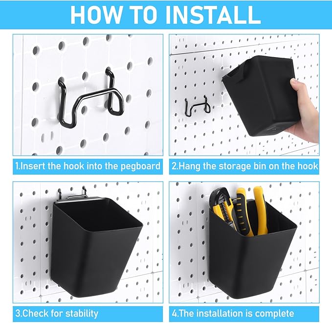 Uiifan 18 Set Pegboard Bins Kit Plastic Pegboard Cups with Metal Hooks Wall Containers Organizer Accessories with Label Stickers for DIY Tools Craft Office Workshop Garage Storage(Black)