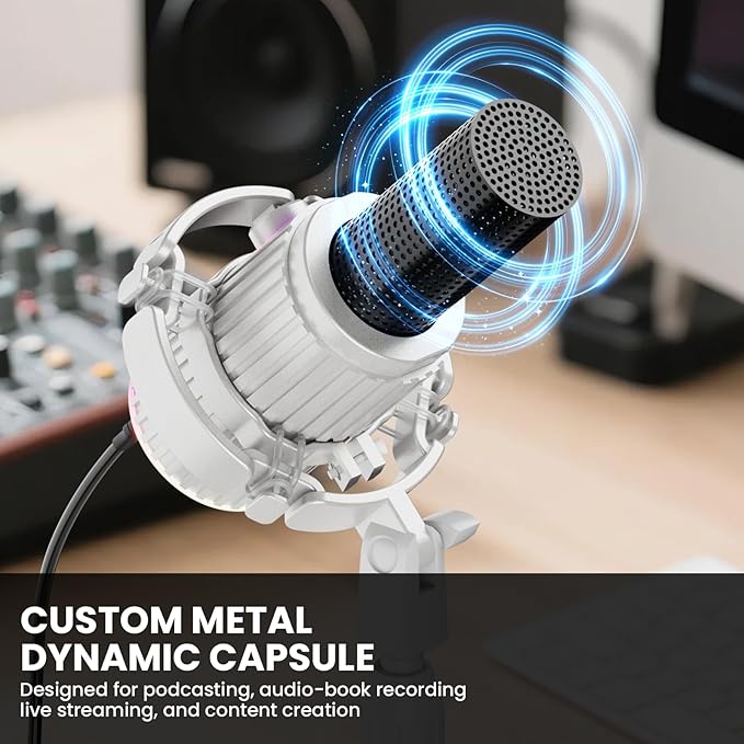 BASN USB/XLR Dynamic Microphone, Live Streaming, Gaming Recording with Three-in-One Mute Button,RGB Lighting and MIC Stand for PC (White) SL2000