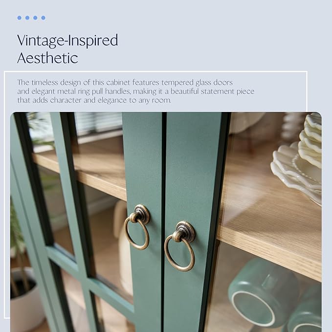 Tall Arched Cabinet, Modern Farmhouse Wooden Display Cabinet with Glass Doors, 70" 6 Tier Bookshelf w/Adjustable Shelves for Living Room, Office, Green