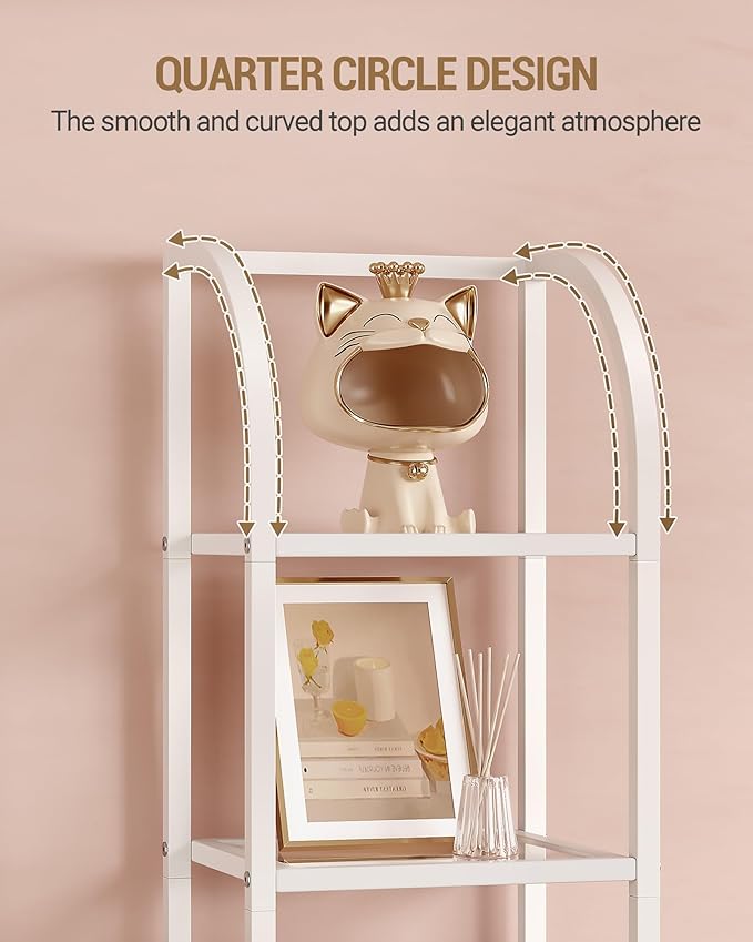 Hzuaneri Bookcase Bookshelf, Tempered Glass Arched Bookshelf for More Storage, Slim Shelving Unit for Bedroom, Bathroom, Home Office, Steel Frame, 5 Tier White BC20599W