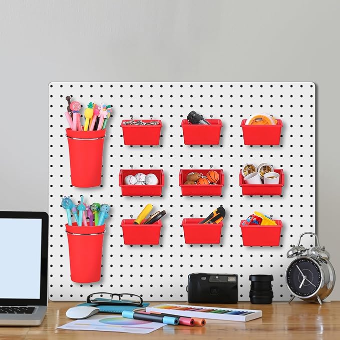 Yookeer 20 Pcs Pegboard Bins and Cups with Hooks and Loops Peg Assortment Organizer Accessories Various Tool Organizer Pegboard Baskets Set for Garage Workshop Workbench Office(Red)