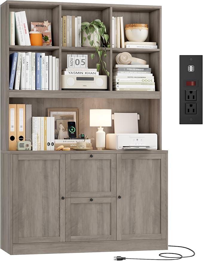 HIFIT 72'' Tall File Bookcase with Power Outlet & Printer Stand, 2 Drawer File Cabinets for Home Office Hanging Letter/A4 File, Storage Cabinet with 3 Tier Book Shelf & Doors For Living Room, Ash Grey