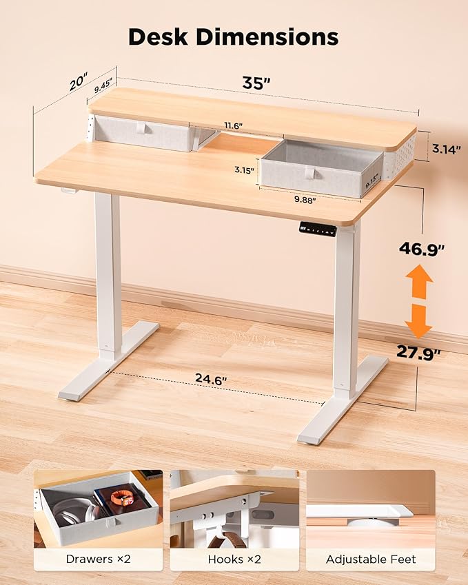 FiCiHi 35x20 Inch Standing Desk with Drawers, C-Clamp Mount Compatible, Electric Adjustable Height Computer Small Stand Up Desks, Home Office Sit Stand Table with 3 Preset Heights, Maple