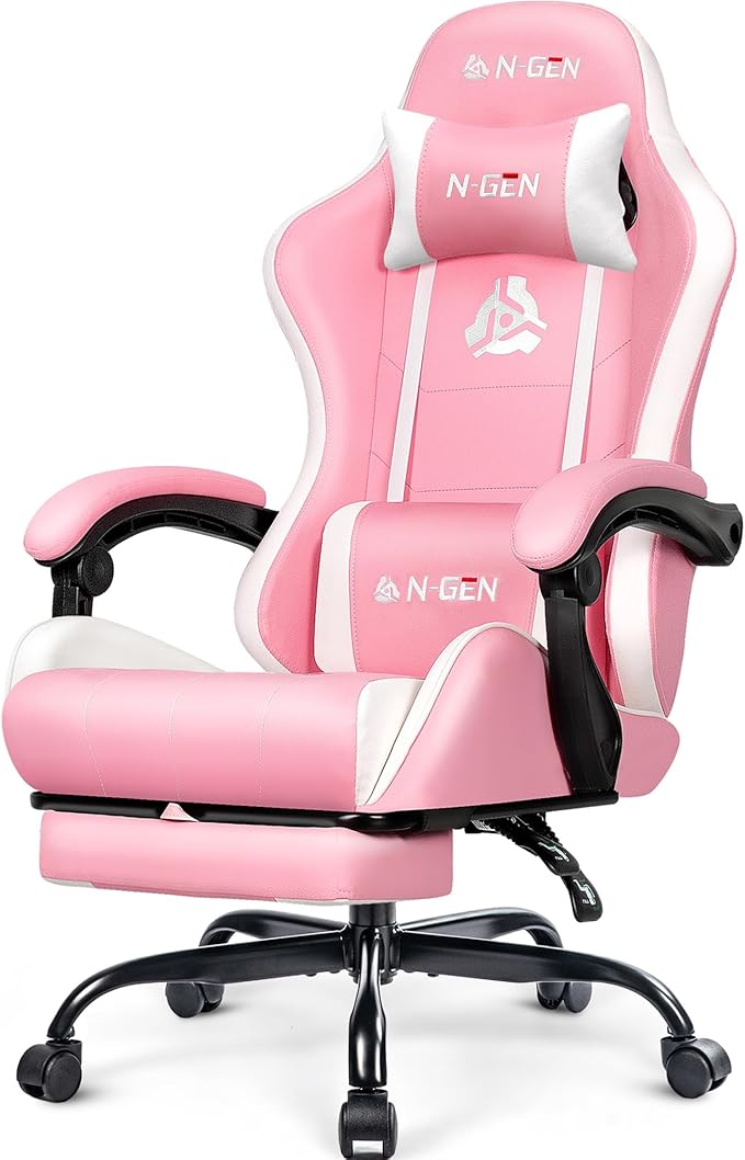 NEO CHAIR Video Gaming Chair with Footrest High Back Ergonomic Comfortable Office Computer Desk with Lumbar Support Height Adjustable with PU Leather Recliner for Adults Women Men (Pink)
