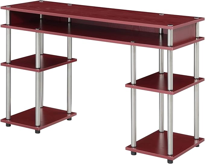Convenience Concepts Designs2Go No Tools Desk Home Office Desk with Shelves, Corner Shelf Vanity Desk Computer Desk Nail Table for Nail Tech - 47.25" L x 15.75" W x 30" H, Dark Cranberry Red