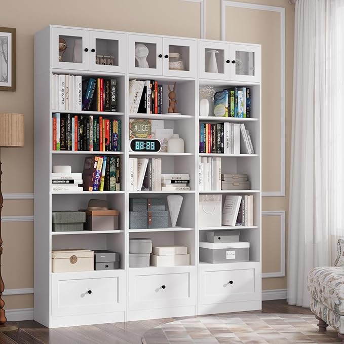 TUSY 85.5 Inch Tall Bookshelf with Doors - 7 Tier Bookcase with Glass Doors and Drawer, 23.6" Wide Storage Cabinet with Open Shelves for Living Room, White Book Shelf for Home Office (BBB)