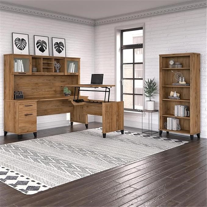 Pemberly Row Engineered Wood Sit to Stand L Shaped Desk Set, Fresh Walnut Finish, Includes 72W Office Desk, Hutch, 42W Standing Return, 5 Shelf Bookcase, Adjustable Height Ergonomic Workspace for