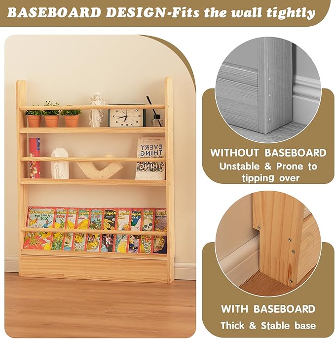 Baveke Kids Bookshelf, 3 Tier Shelves Behind The Door Book Shelf Storage, Children's Solid Wood Bookcase Space- Saving, Wall Mount Bookshelf for Bedroom, Living Room, Nursery（FSC-Certified Wood）