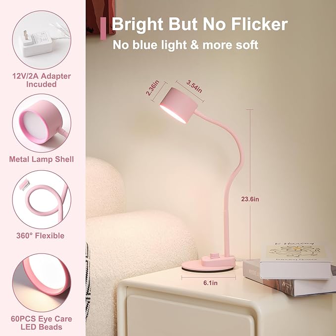 LiFMIRA Cute Desk Lamp with USB C + A Charging Port, 5 Colors Dimmable Reading Lamps, Minimalist Pink Lamp for Kids, Eye Care Metal Bedside Table Lamp with Timer Flexible Desk Light for Home Office