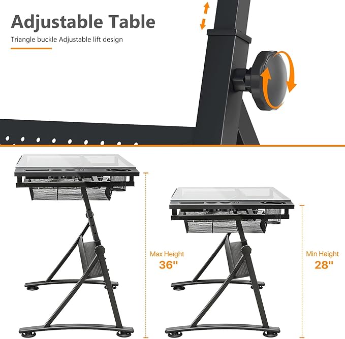 OS MOTOR Adjustable Height Drafting Table with Glass Top, Art Craft Desk with Slide-Out Drawers, Storage, for Drawing, Writing, Painting, and Creative Tasks, Ideal for Home Office
