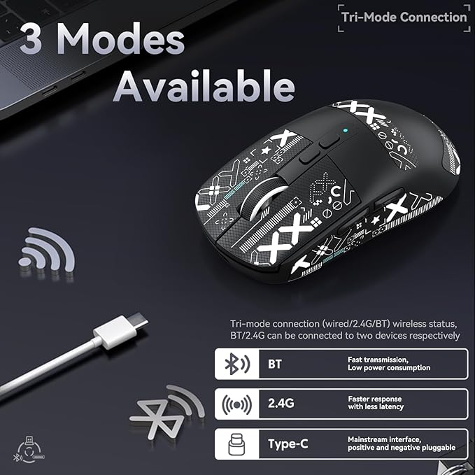 ATTACK SHARK X6 Lightweight Wireless Gaming Mouse with RGB Backlight Charging Base,Tri-Mode Wired/2.4GHz/BT5.2,26K DPI, PAW3395 Optical Sensor,HUANO Switch,5programmable Buttons,PC/Mac(Black+Sticker)