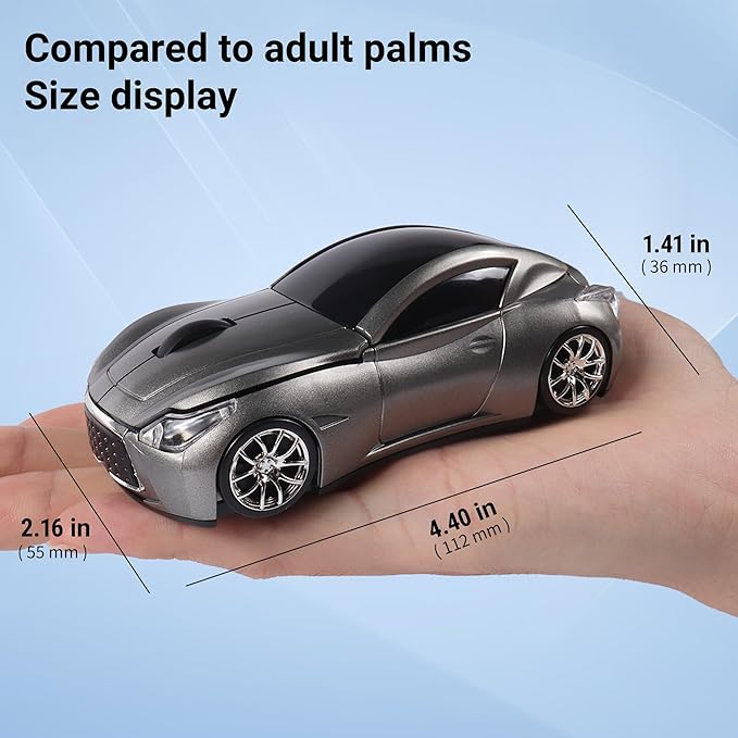 elec Space Wireless Car Mouse with LED Headlights, 2.4G Unique Car Mouse for Kids, 1600 DPI Cute Gaming Mouse for Laptop PC Computer - Grey