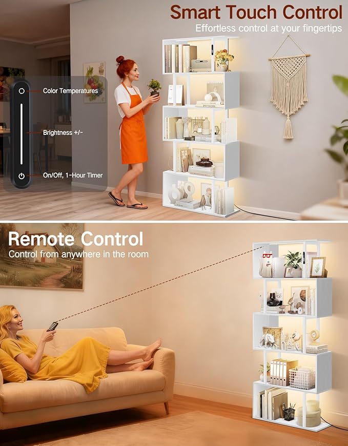 6 Tier S-Shaped Geometric Bookcase with LED Light, Touch & Remote Control, Wide Tall Freestanding Display Shelf, Industrial Storage Cabinet for Living Room, Bedroom, Office(White)