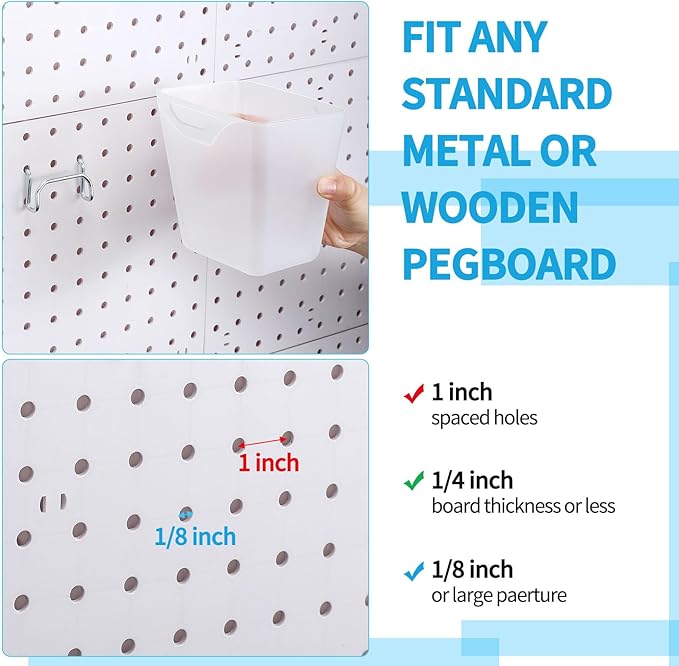 Uiifan 18 Set Pegboard Bins Kit Plastic Pegboard Cups with Metal Hooks Wall Containers Organizer Accessories with Label Stickers for DIY Tools Craft Office Workshop Garage Storage(Clear)