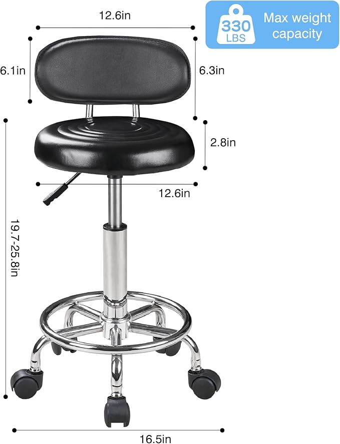 VECELO Home Office Desk Chair with Backrest & Wheels | PU Leather Rolling Office Chair for Drafting, Salon, Spa(Black, with Back)