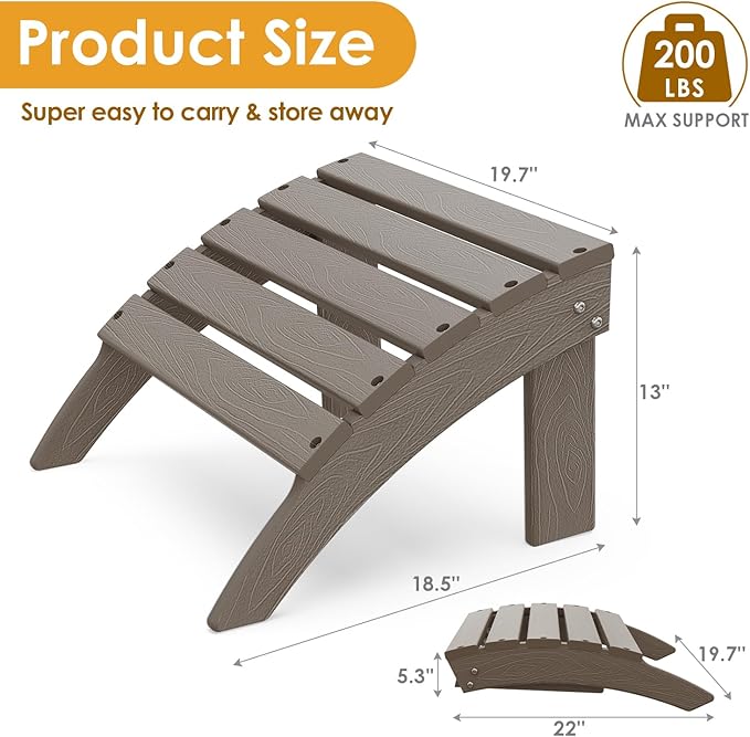 IVY&LANE Outdoor Adirondack Ottoman | Folding | Set of 2 | HDPE Wood Grain | Desert Brown | All Weather | Waterproof Patio Footrest for Adirondack Chair | Poly Lumber Foot Rest for Deck Backyard