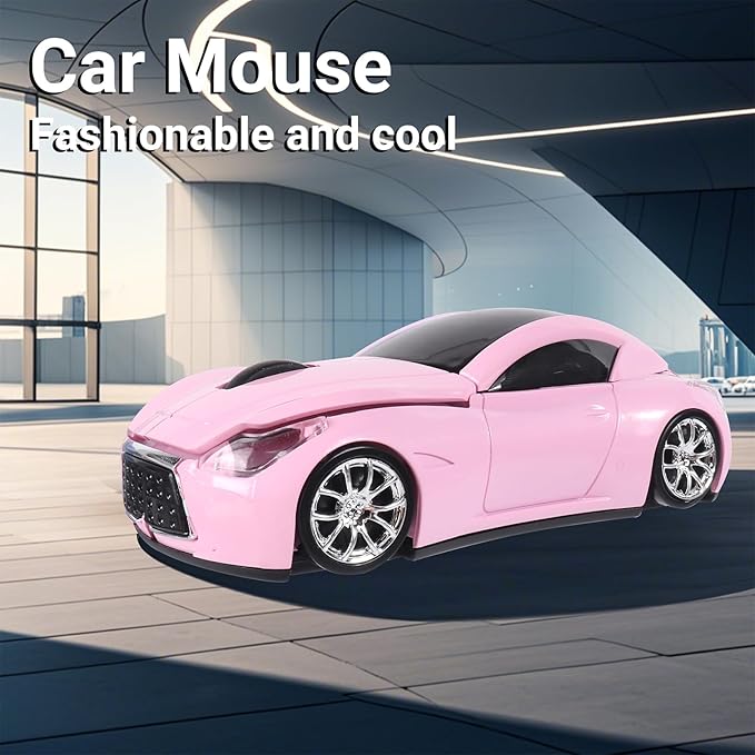 elec Space Wireless Mini Mouse with Case - Cute Sports Car Shape, Lightweight & Portable, 10m Range, Plug and Play (Pink)
