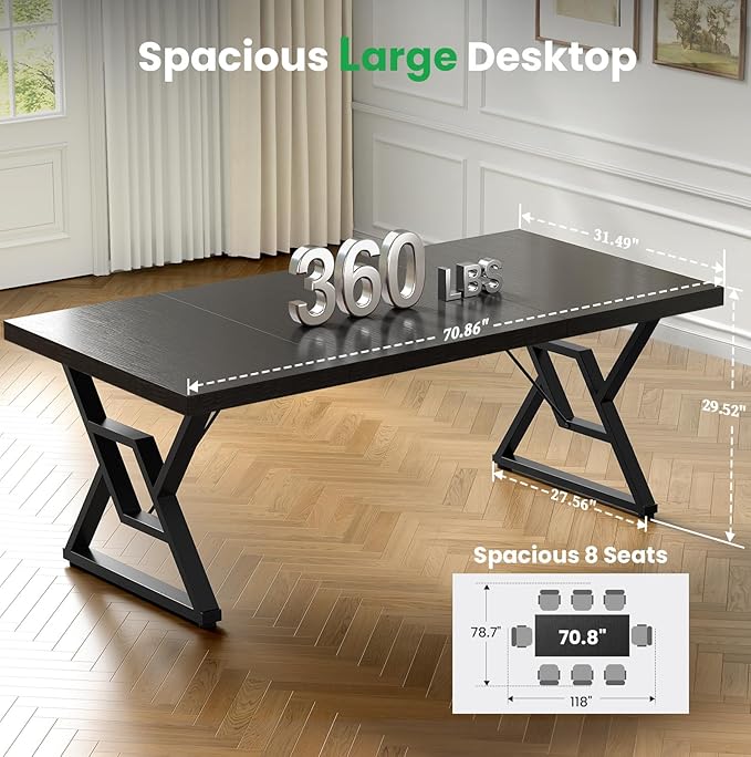 OHOHOLIVE 70.8" Large Executive Desk - Computer Office Desk Workstation, Modern Business Writing Table with Sturdy Metal Legs for Home Office (Black/Black)