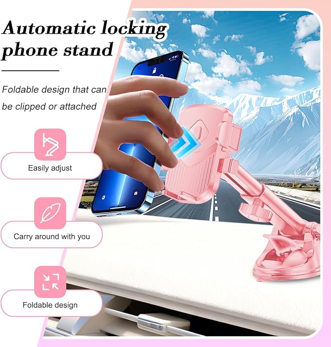 Car Phone Holder, 360° Adjustable Strongest Suction Vehicle Windshield Dashboard Air Vent Cell Phone Mounts, Hands Free Automotive Interior Smartphone Stand, Universal Fit (Pink)