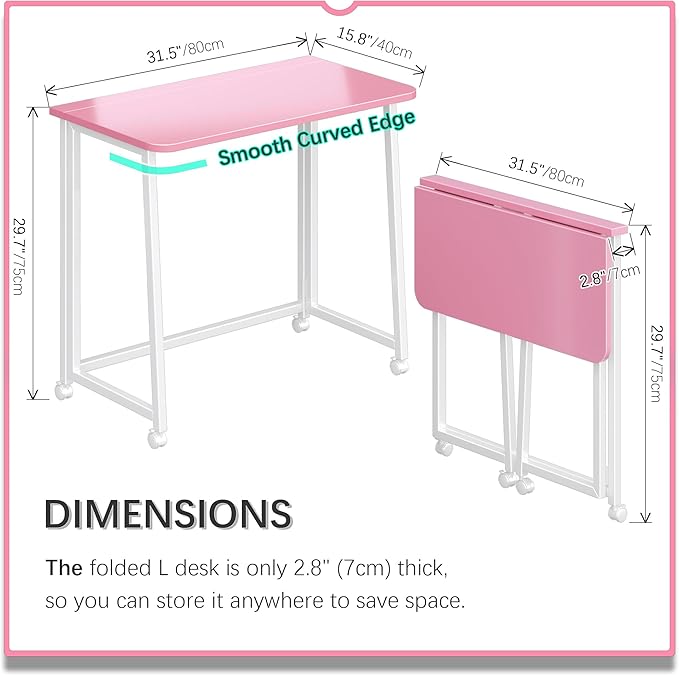 4NM 31.5" Mobile Small Folding Desk, Foldable Rolling Computer Home Office Desk, Study Writing Table for Small Space Saving Bedroom, with Wheels - Pink and White