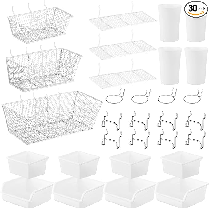 Sieral 30 Pcs Pegboard Organizer Accessories Kit Includes Peg Board Shelving Storage Basket Organizer Bins Hooks Loops Cup with Cup Holder for Garage Room Wall Attachments Tools(White, Silver)